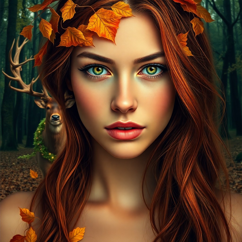 AI generated art for prompt: A captivating portrait showcasing a young woman with vibrant green eyes and cascading chestnut hair 