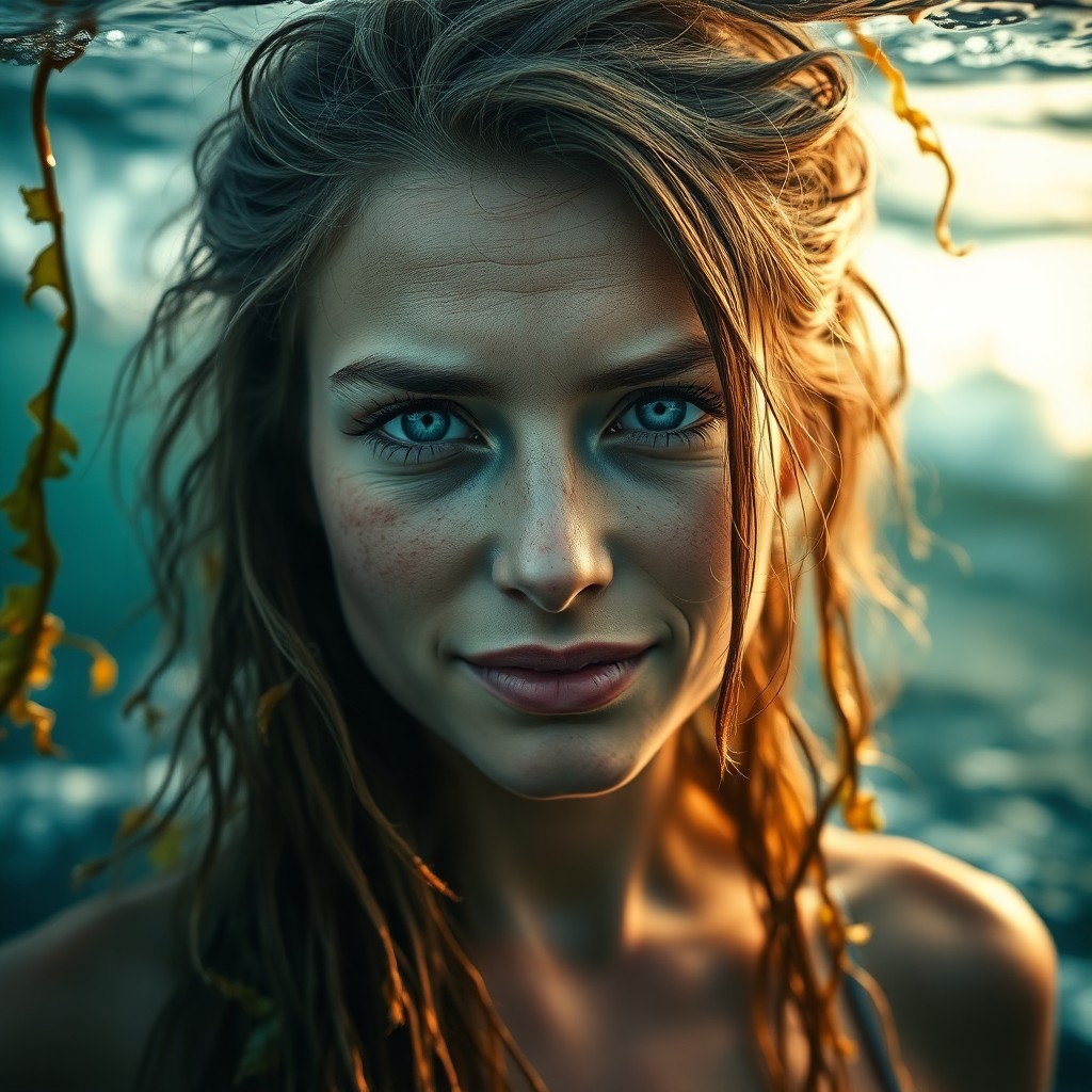 AI generated art for prompt: Craft an iPhone portrait of a weathered young woman with sun-creased skin and piercing blue eyes, st