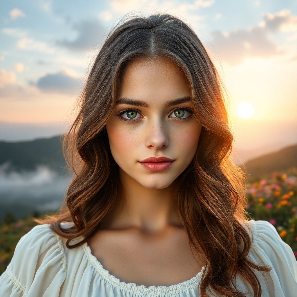 AI generated art for prompt: A photorealistic portrait photograph showcases a youthful woman in her early twenties adorned with c