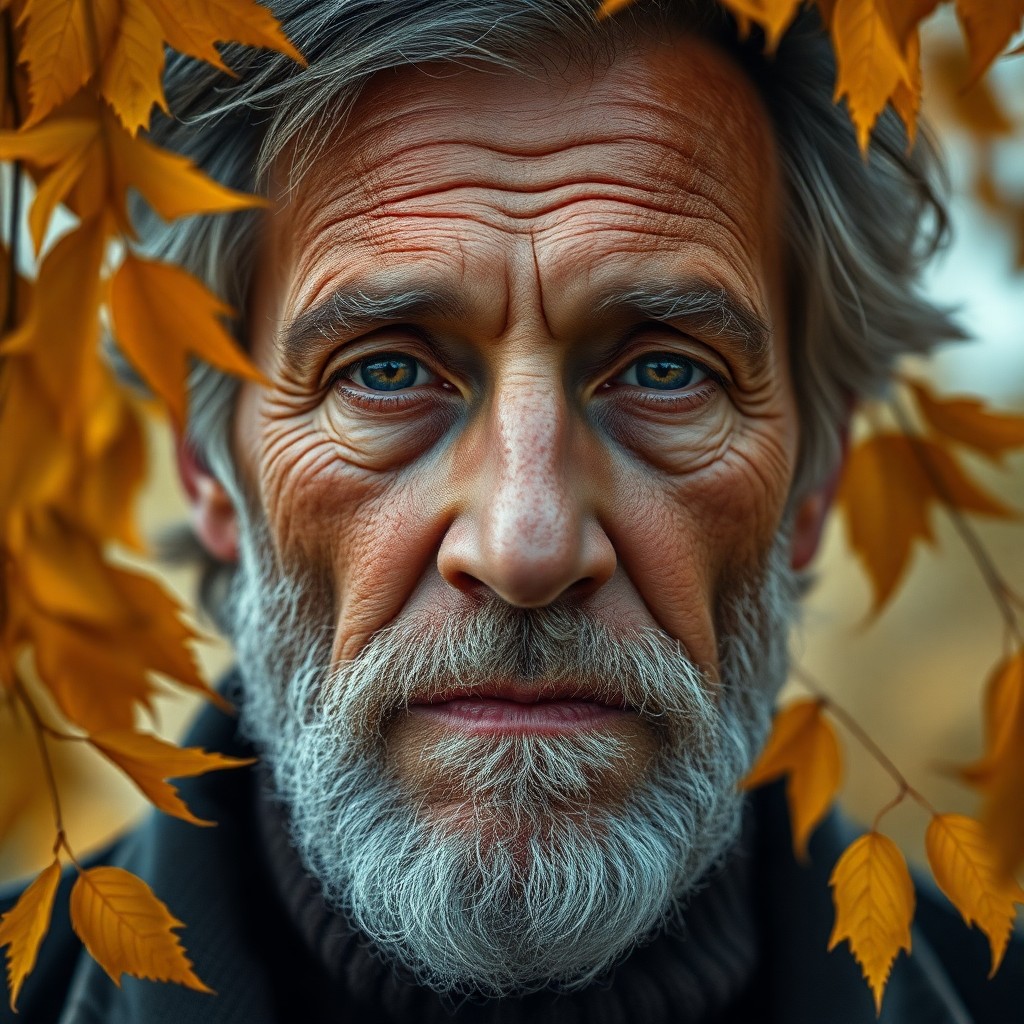 AI generated art for prompt: Visualize a captivating portrait of an elderly man with rugged features; his deep eyes reveal a life