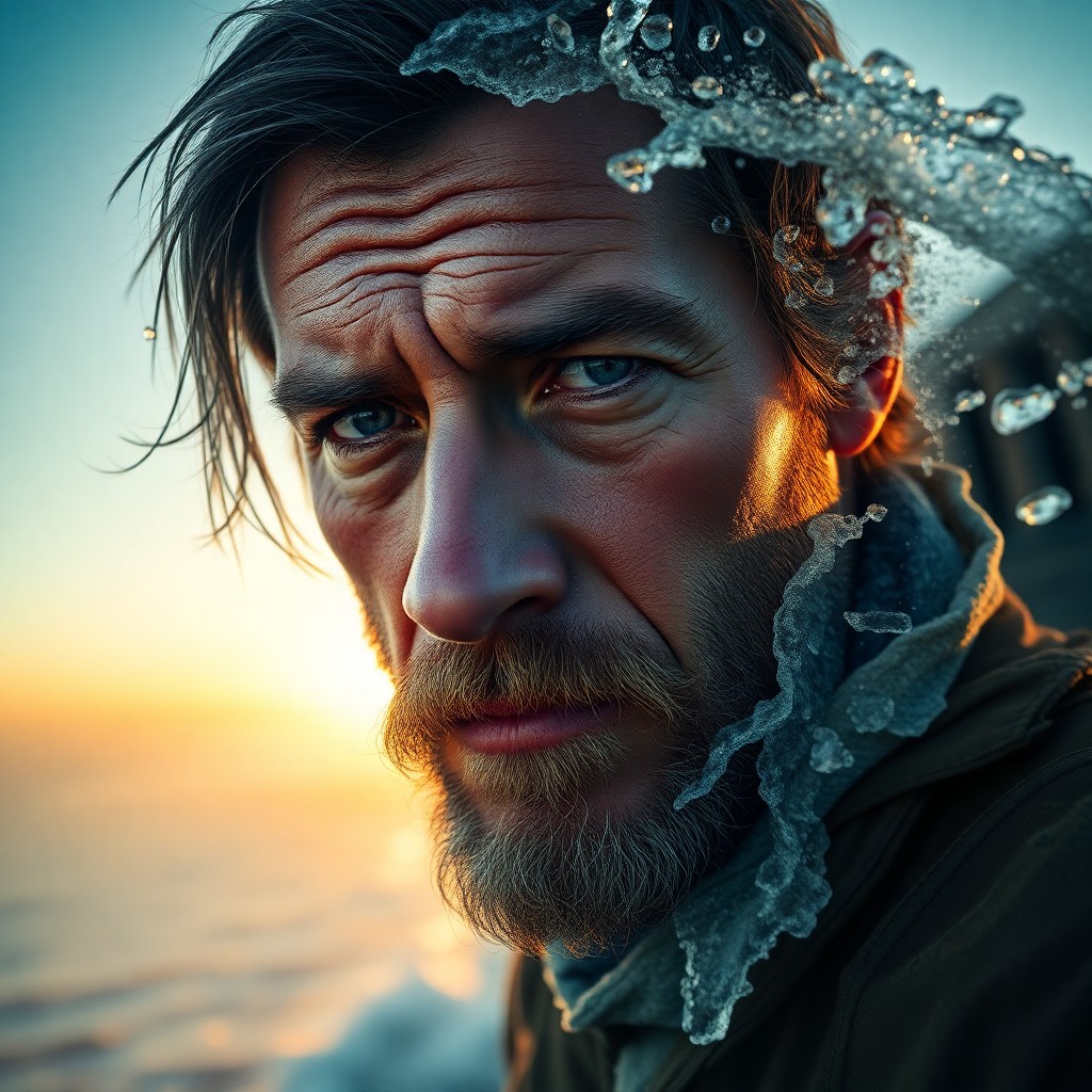 AI generated art for prompt: A captivating double exposure portrait showcases an eccentric tidal researcher with rugged features 