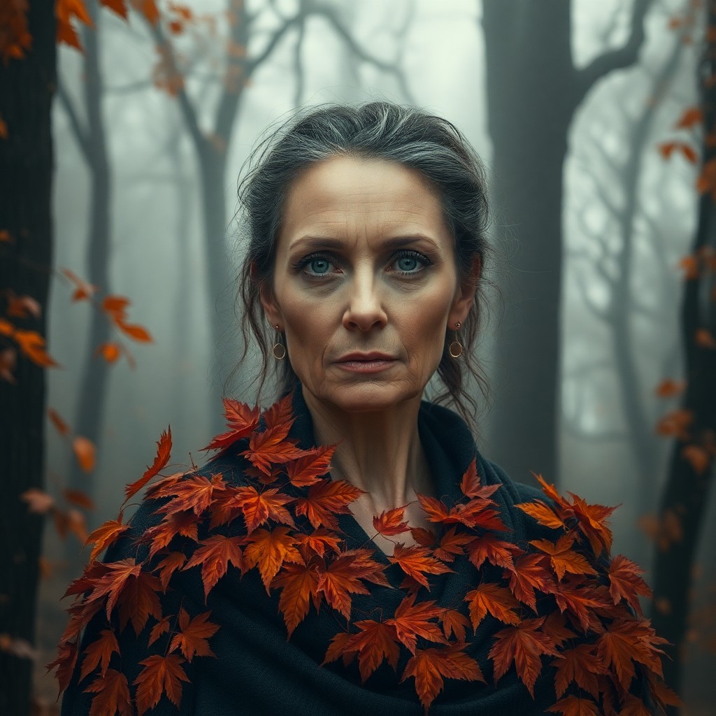 AI generated art for prompt: Amidst a mist-shrouded forest, an ethereal vision unfolds: a middle-aged woman with weathered featur