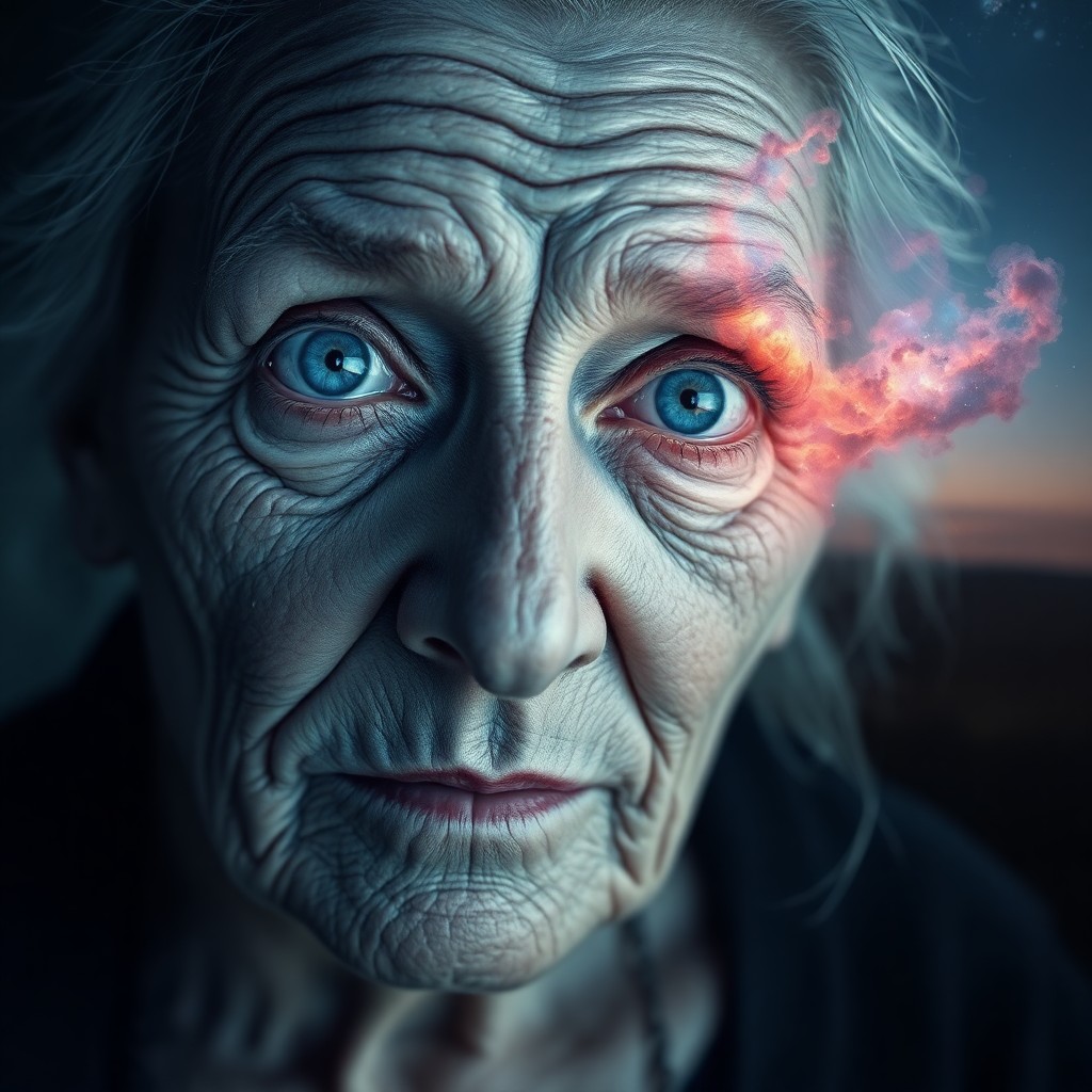 AI generated art for prompt: A captivating double exposure portrait reveals an elderly woman whose deeply etched wrinkles resembl