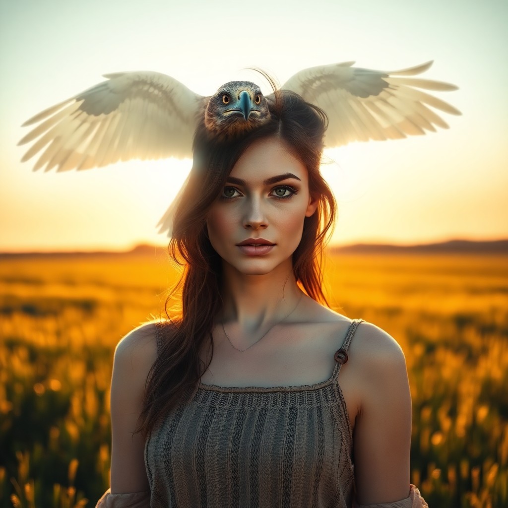 AI generated art for prompt: A female artist stands contemplatively amidst a sunlit field at dusk, her visage partially veiled by