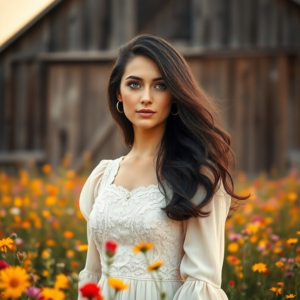 AI generated art for prompt: A woman with captivating blue eyes and flowing raven hair stands amidst a sea of wildflowers in a fi