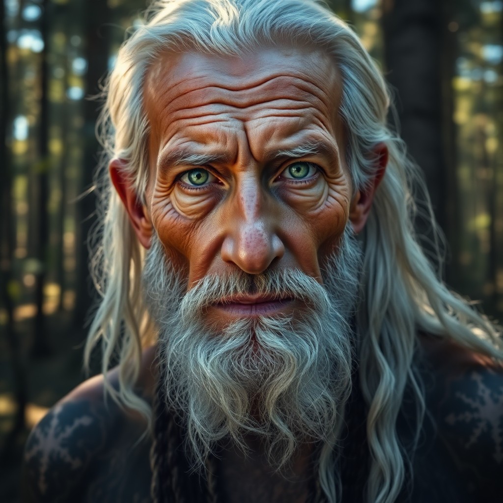 AI generated art for prompt: Craft an evocative photorealistic portrait of a wise elder with weathered skin and piercing green ey