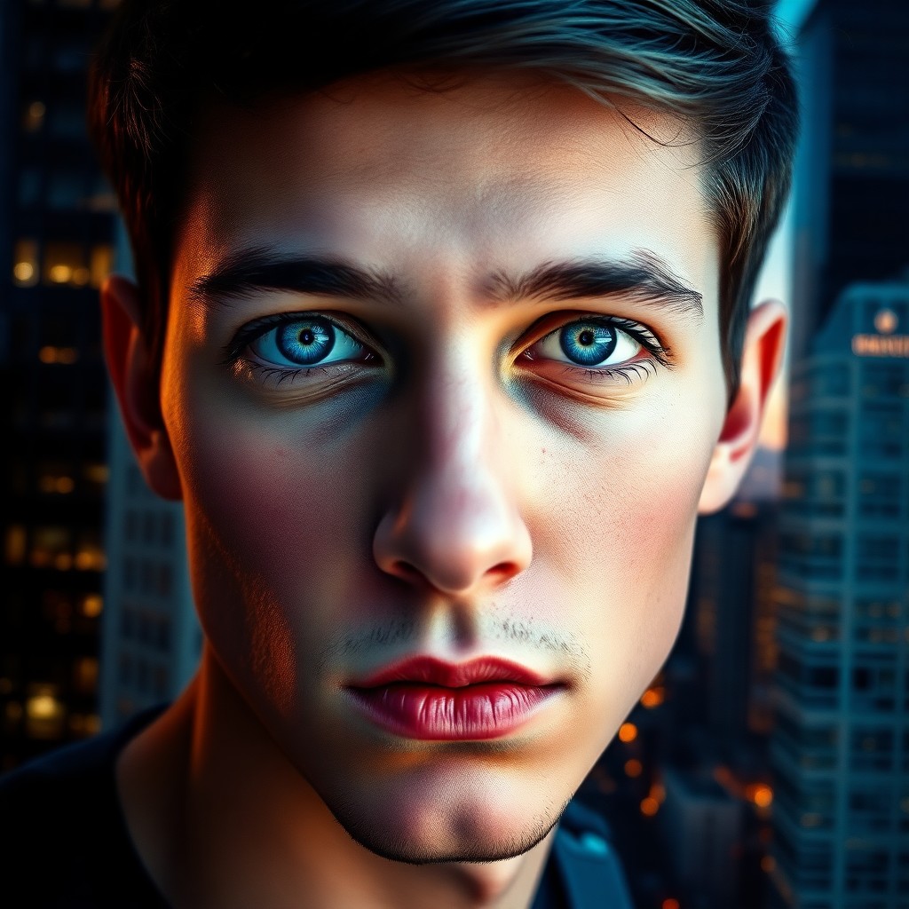 AI generated art for prompt: A captivating double exposure portrait showcases a young man with piercing blue eyes, his visage exu