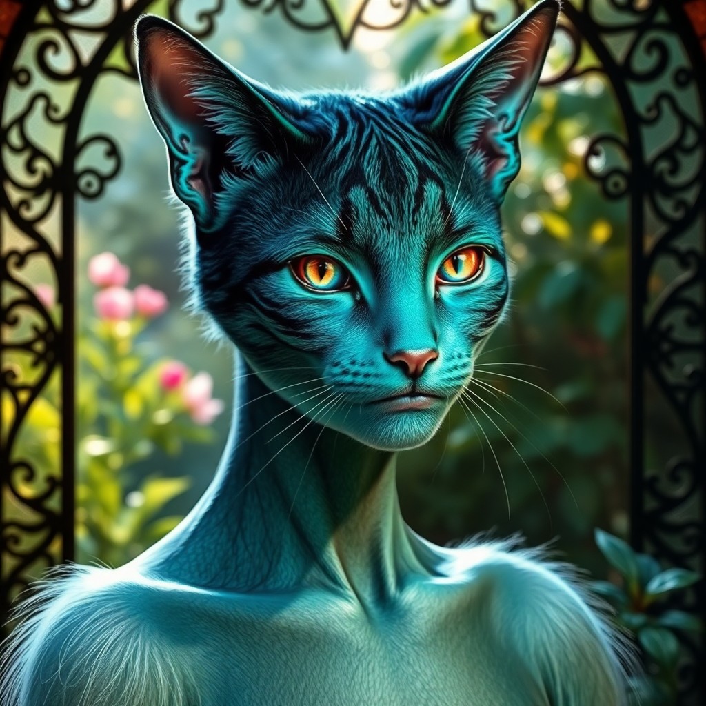 AI generated art for prompt: Craft a hyper-realistic portrait of an ethereal figure with human and feline attributes. Their skin 