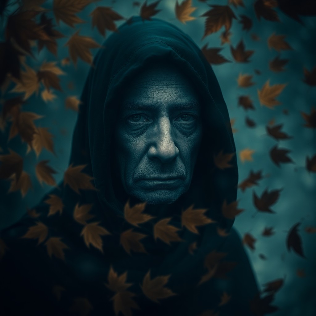 AI generated art for prompt: A haunting portrait focuses on a solitary figure veiled in shadows, their aged features illuminated 