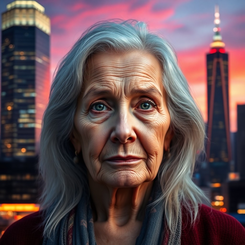 AI generated art for prompt: A photorealistic portrait of an elderly woman with piercing wisdom in her eyes and cascading silver 