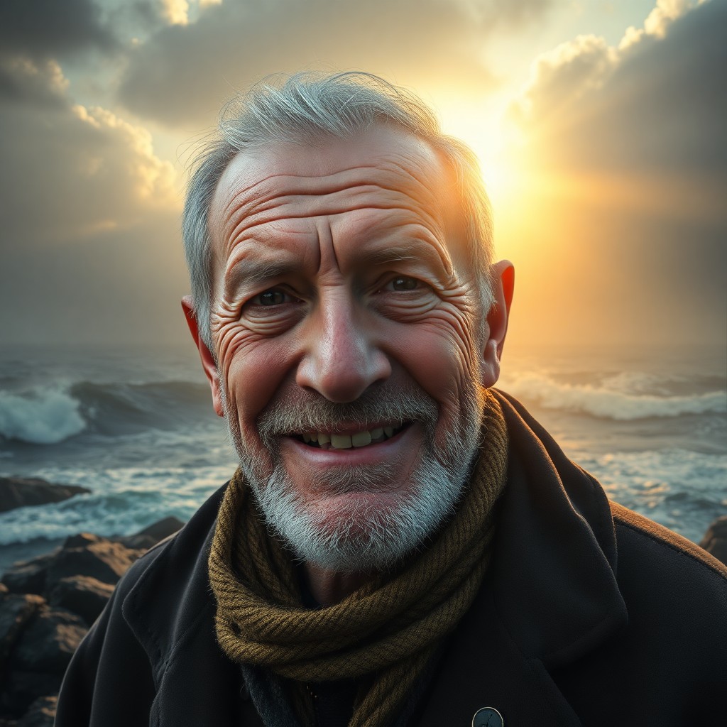 AI generated art for prompt: Craft a photorealistic portrait photograph of an aged fisherman in his late sixties, his weathered v