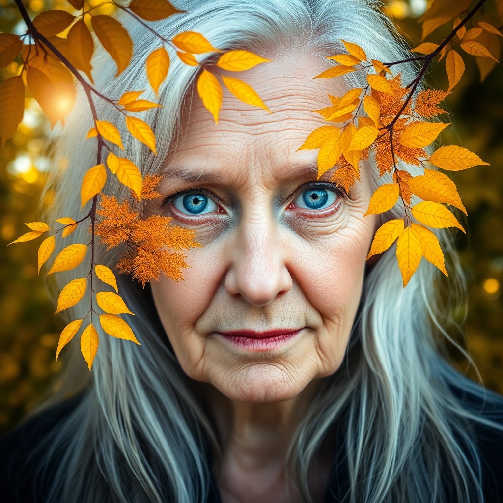 AI generated art for prompt: A mirrorless camera captures a captivating portrait of an elderly woman, her piercing blue eyes and 