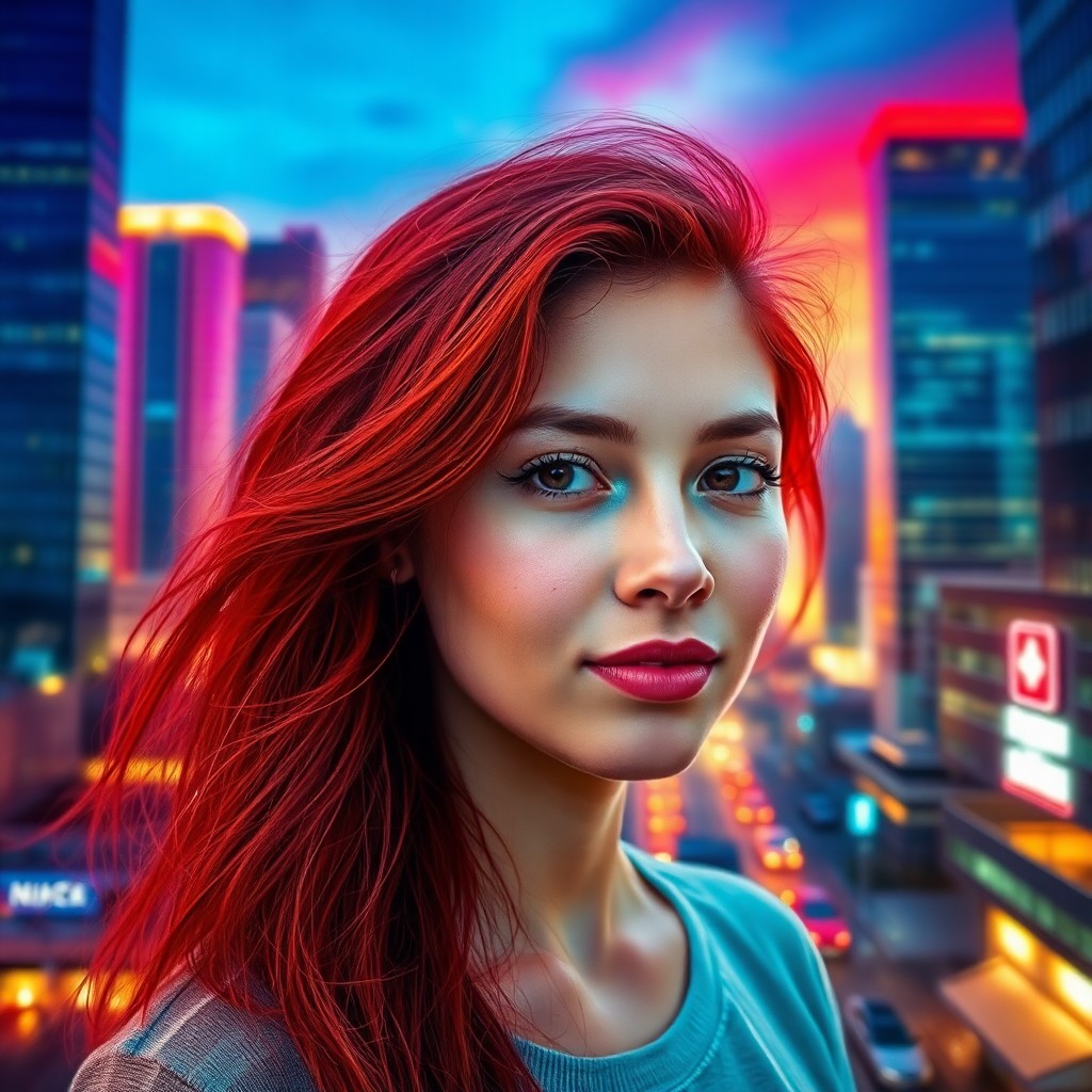 AI generated art for prompt: Envision a mesmerizing digital portrait showcasing a serene young woman with fiery locks against a v