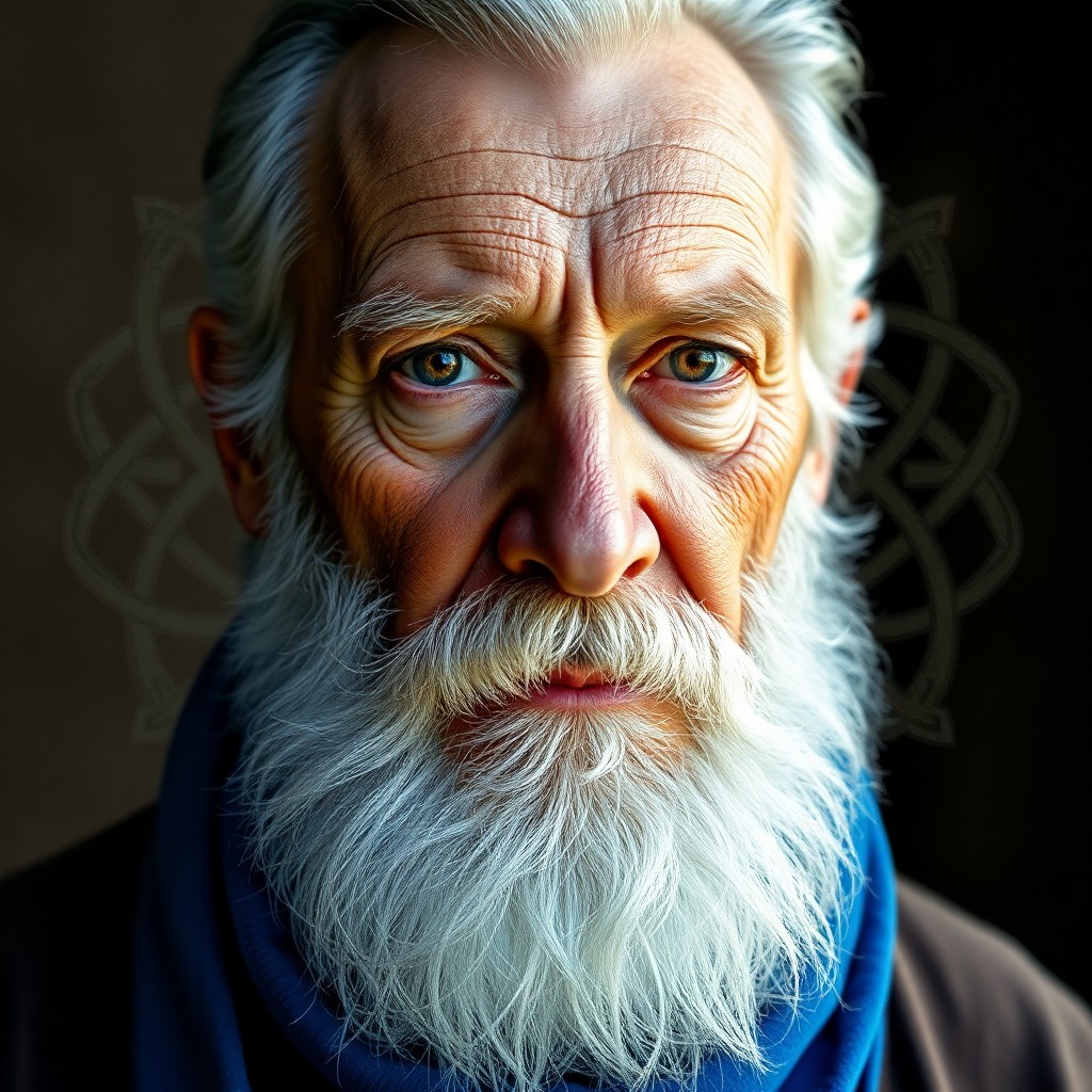 AI generated art for prompt: Craft a photorealistic digital portrait showcasing an older man with a wise gaze, his full white bea