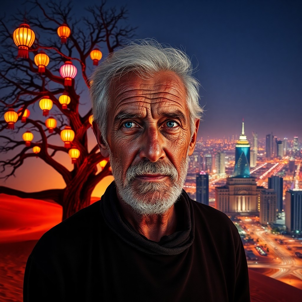 AI generated art for prompt: A double-exposure portrait showcases an elderly man with rugged features and intense blue eyes stand