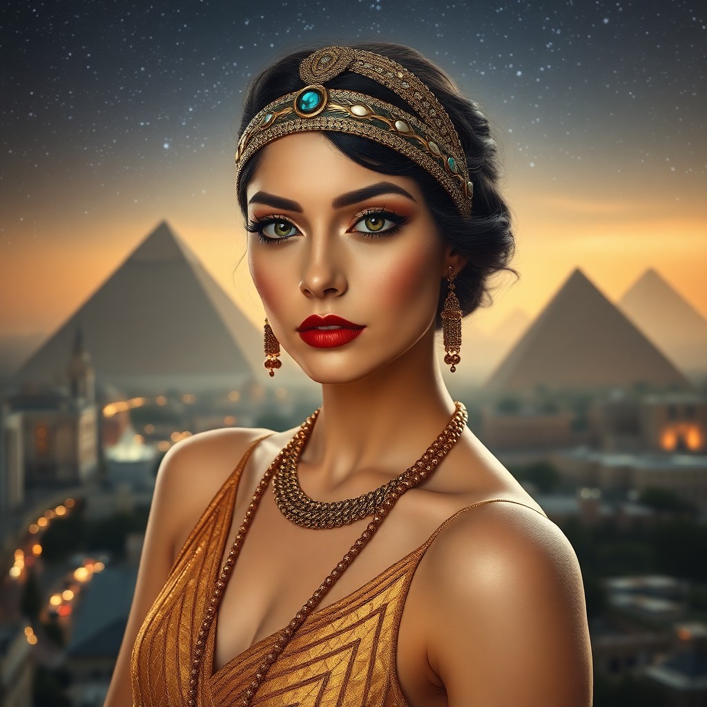 AI generated art for prompt: A photorealistic portrait captures a 1920s flapper's grace blended with ancient Egyptian mystique. T