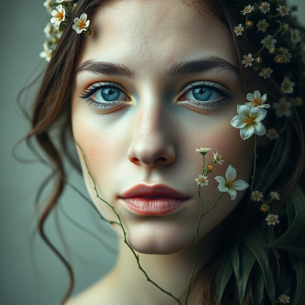 AI generated art for prompt: Craft a captivating double exposure portrait of a serene young woman with striking blue eyes and an 