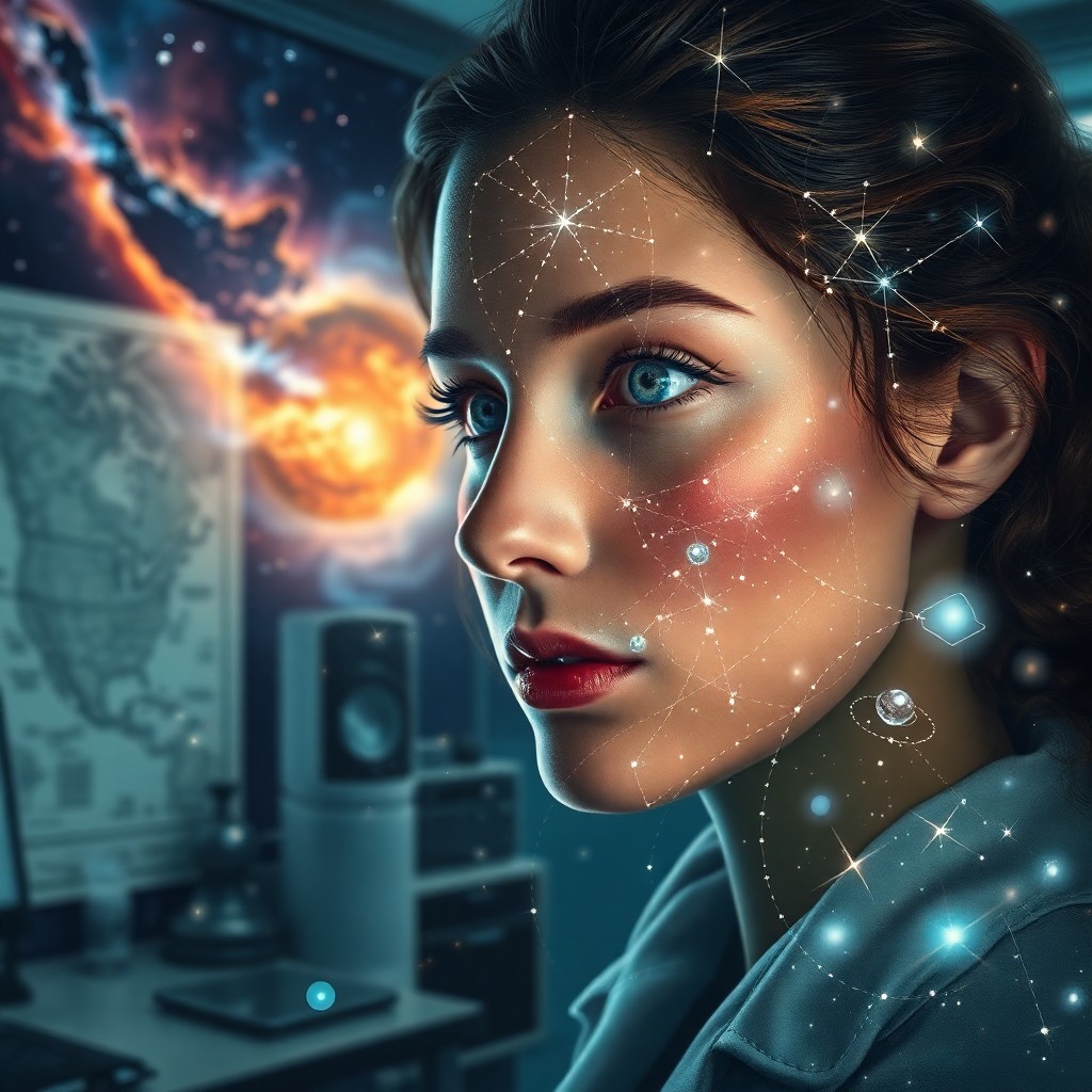 AI generated art for prompt: Craft a photorealistic digital painting of an astrophysicist, her eyes intense with cosmic insight a