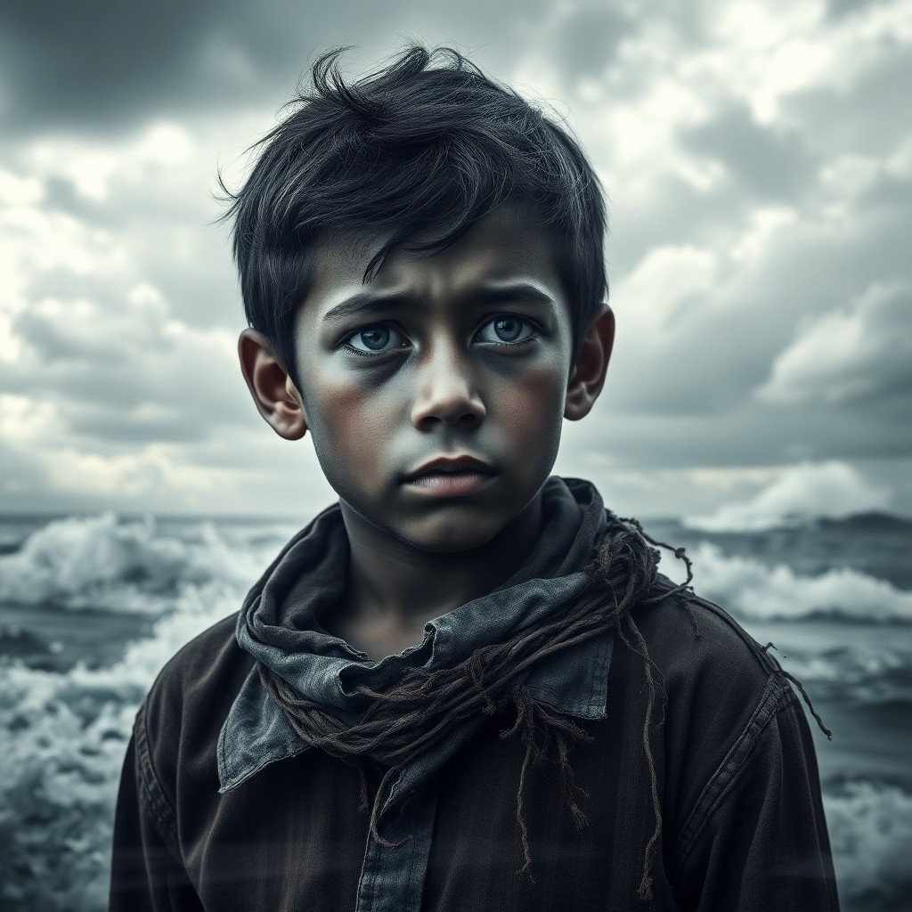 AI generated art for prompt: A weathered boy, his face marked by experience, stands resolute amidst a tumultuous seascape. His si