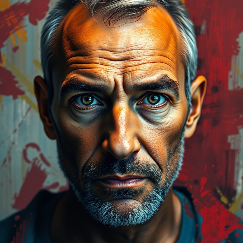 AI generated art for prompt: A captivating photorealistic portrait showcases a middle-aged man with warm brown skin, piercing gre