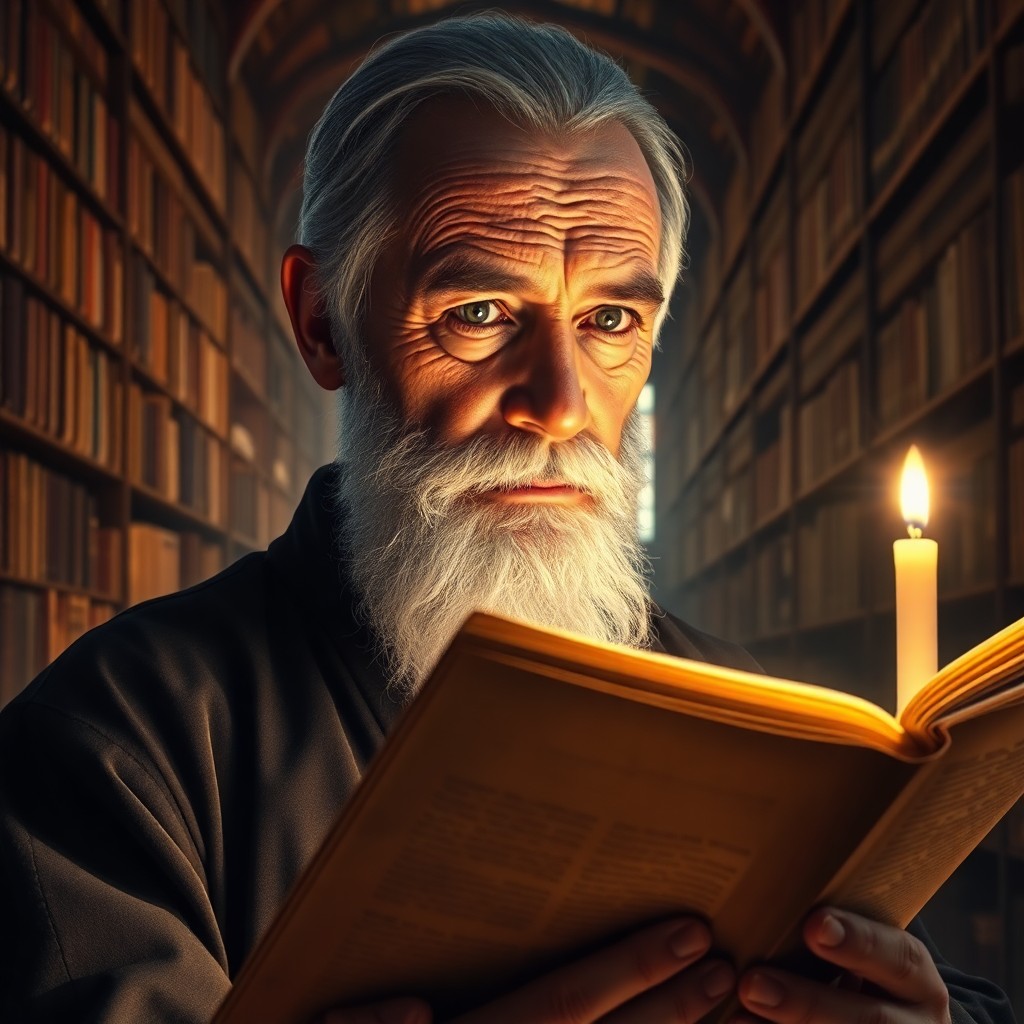 AI generated art for prompt: Envision a photorealistic portrait of an aged medieval scholar, their face illuminated by wisdom and