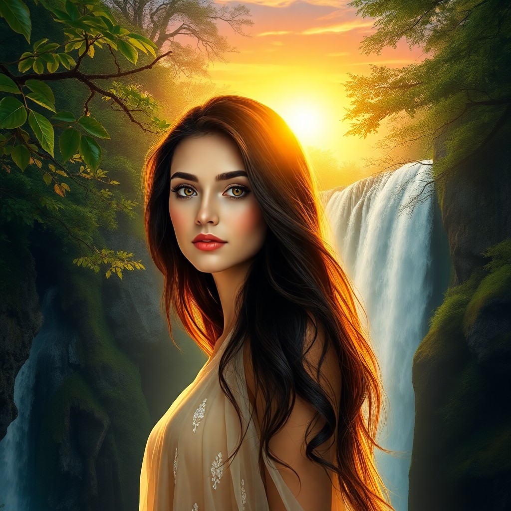 AI generated art for prompt: A photorealistic portrait depicts a young woman with captivating amber eyes and lustrous raven hair,