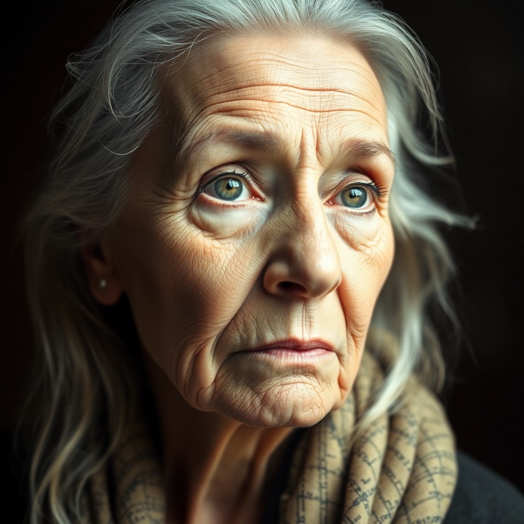 AI generated art for prompt: A striking double exposure portrait showcases an elderly woman with piercing eyes that exude a lifet