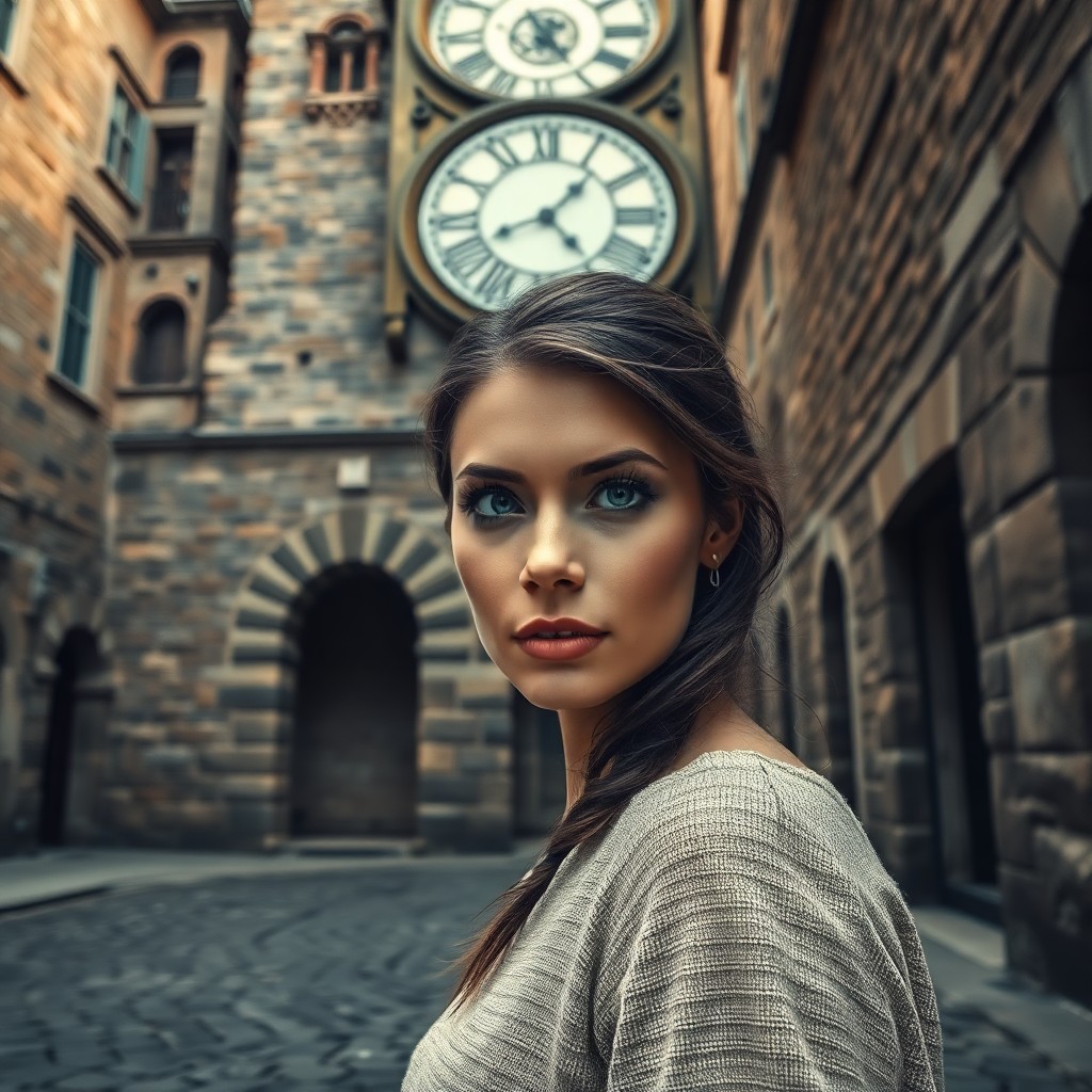 AI generated art for prompt: A captivating photorealistic portrait showcases a woman with striking blue eyes gazing intently at a