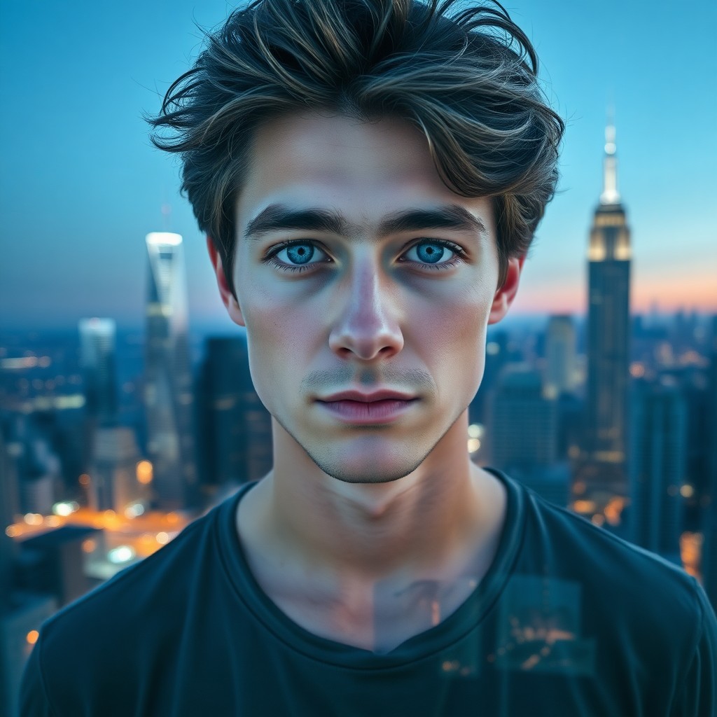 AI generated art for prompt: A captivating portrait of a young man with intense blue eyes and tousled chestnut hair, captured aga