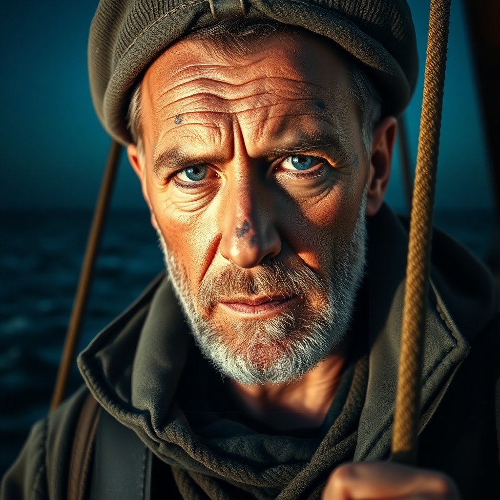 AI generated art for prompt: A portrait photograph portrays a weathered sea captain with scarred skin, his eyes hinting at untold