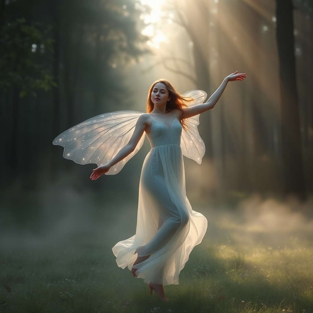 AI generated art for prompt: A photorealistic portrait depicts a young woman dancing gracefully in a misty forest clearing, her e