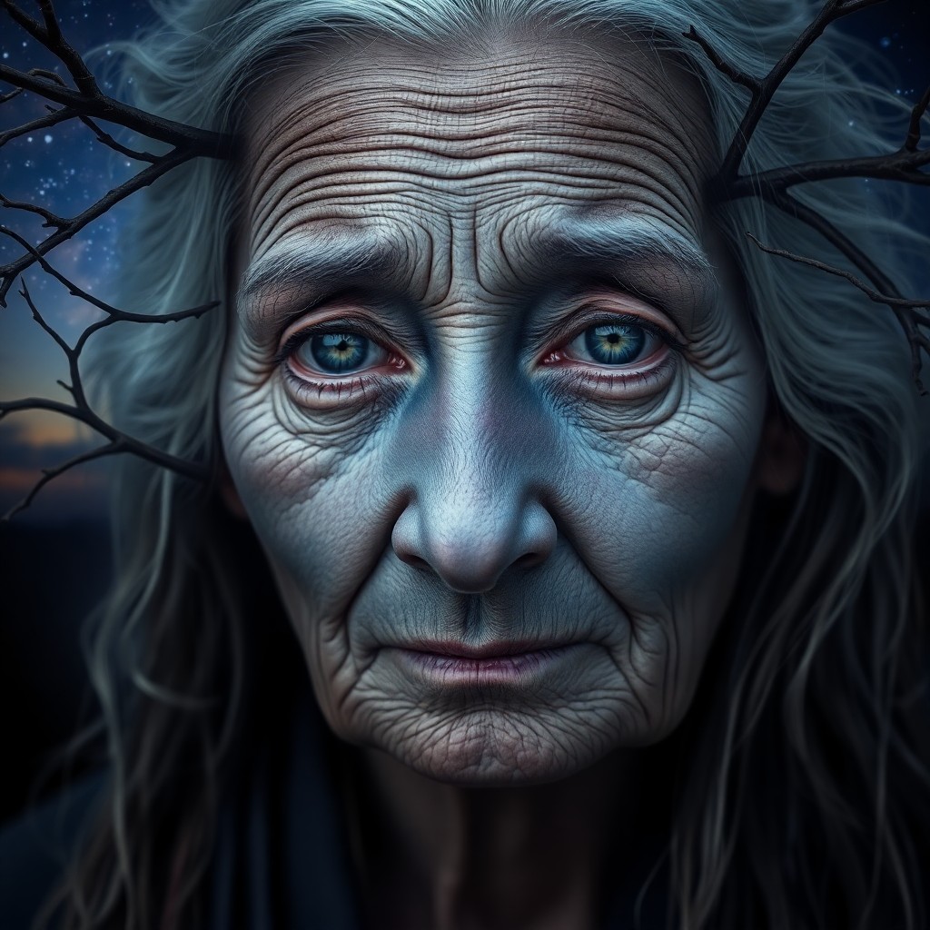 AI generated art for prompt: An older woman's weathered face, her eyes holding a tranquil twilight gaze, is adorned with tree bra