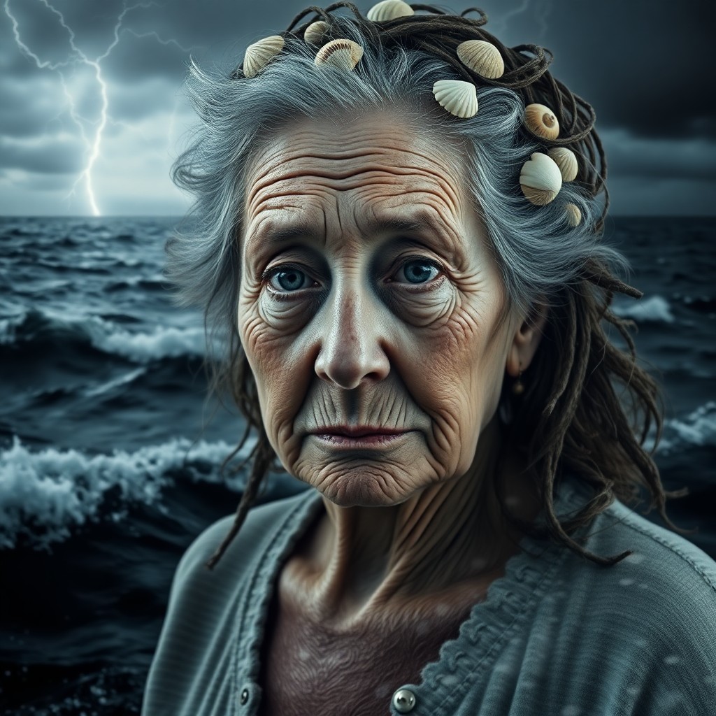 AI generated art for prompt: A photorealistic double exposure portrays an elderly woman amidst a stormy sea backdrop. Her weather