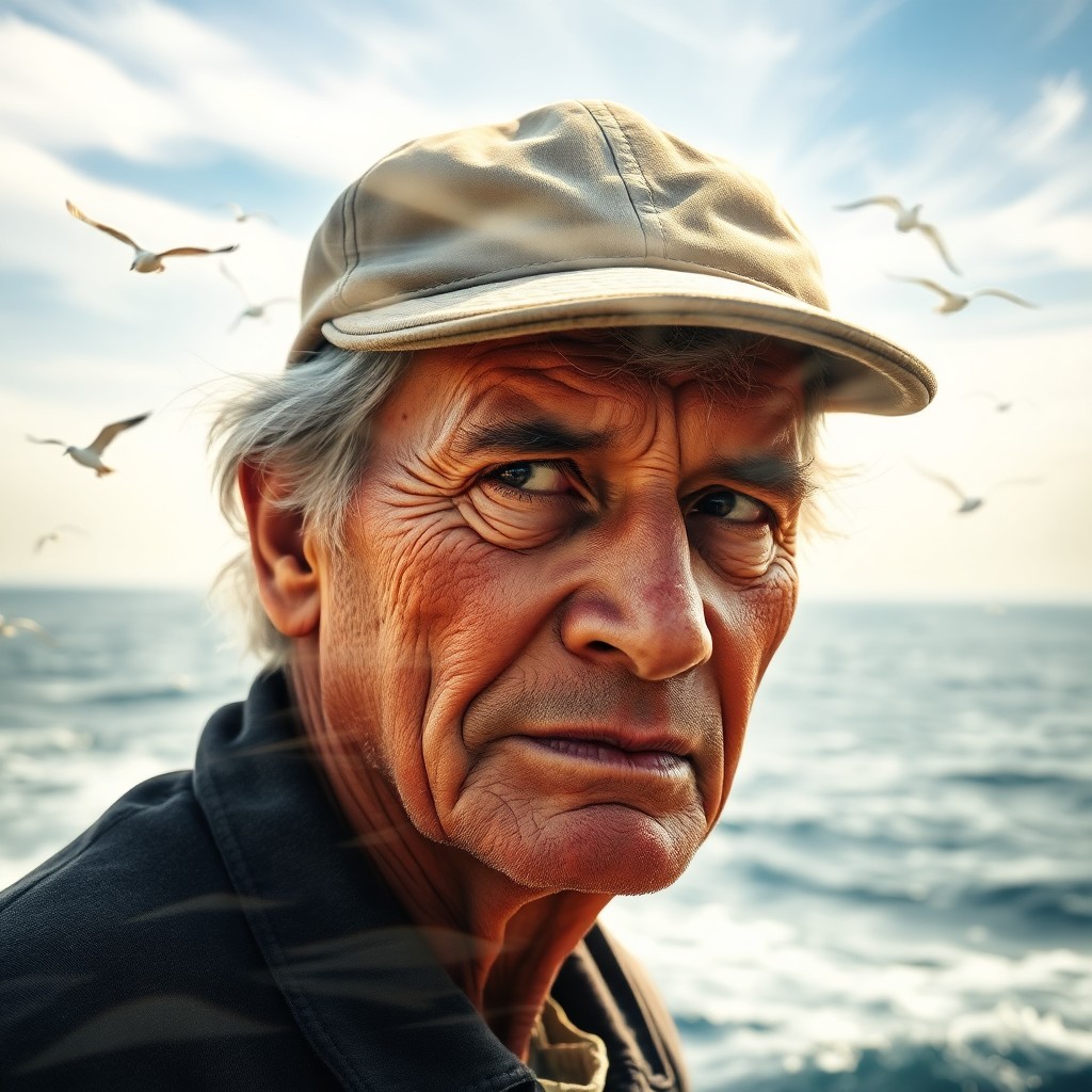 AI generated art for prompt: An aged fisherman's sun-creased face, framed by unkempt grey hair and squinting eyes beneath a worn 