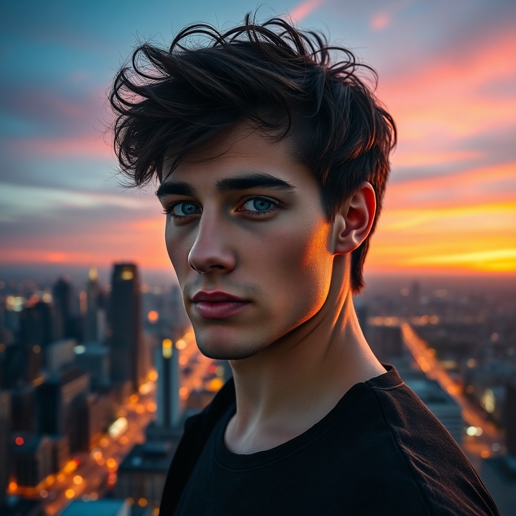 AI generated art for prompt: A captivating double exposure portrait showcases a charismatic young man with striking blue eyes and