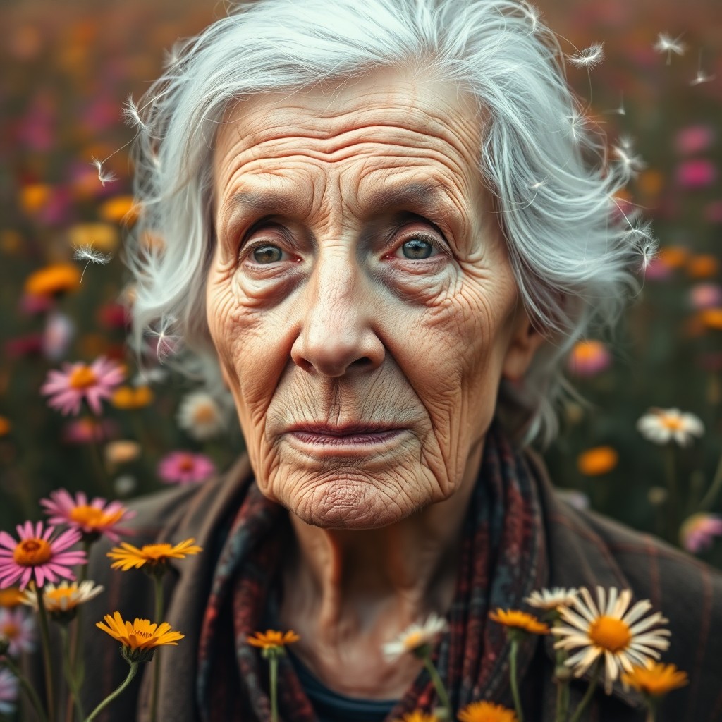 AI generated art for prompt: An iPhone portrait depicts an elderly woman with weathered skin and deep lines framing her eyes and 