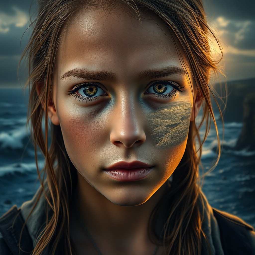 AI generated art for prompt: A photorealistic portrait of a weathered girl with rugged features, her face illuminated by soft gol