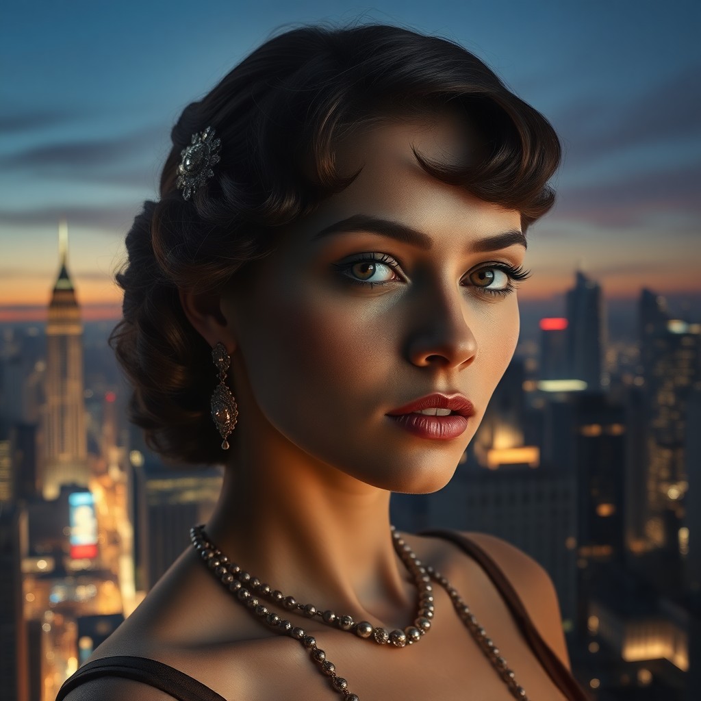 AI generated art for prompt: Craft a photorealistic portrait of an alluring 1920s-era female model adorned in Art Deco-inspired a