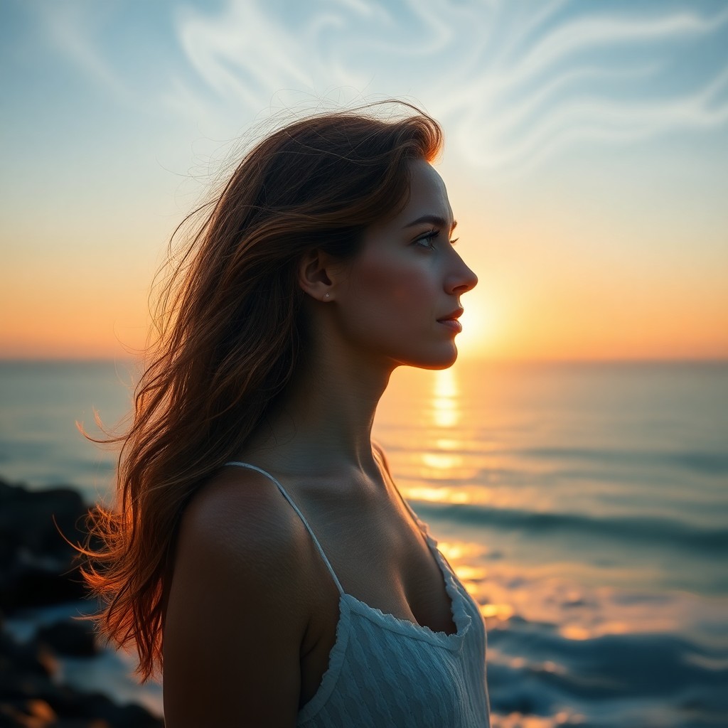 AI generated art for prompt: A woman with cascading auburn locks stands at the tranquil coastal edge, her gaze fixed on the undul