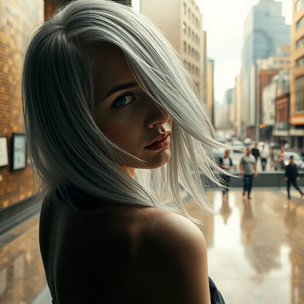 AI generated art for prompt: Craft a mesmerizing double exposure portrait of an enigmatic woman with ethereal silver hair, her fe