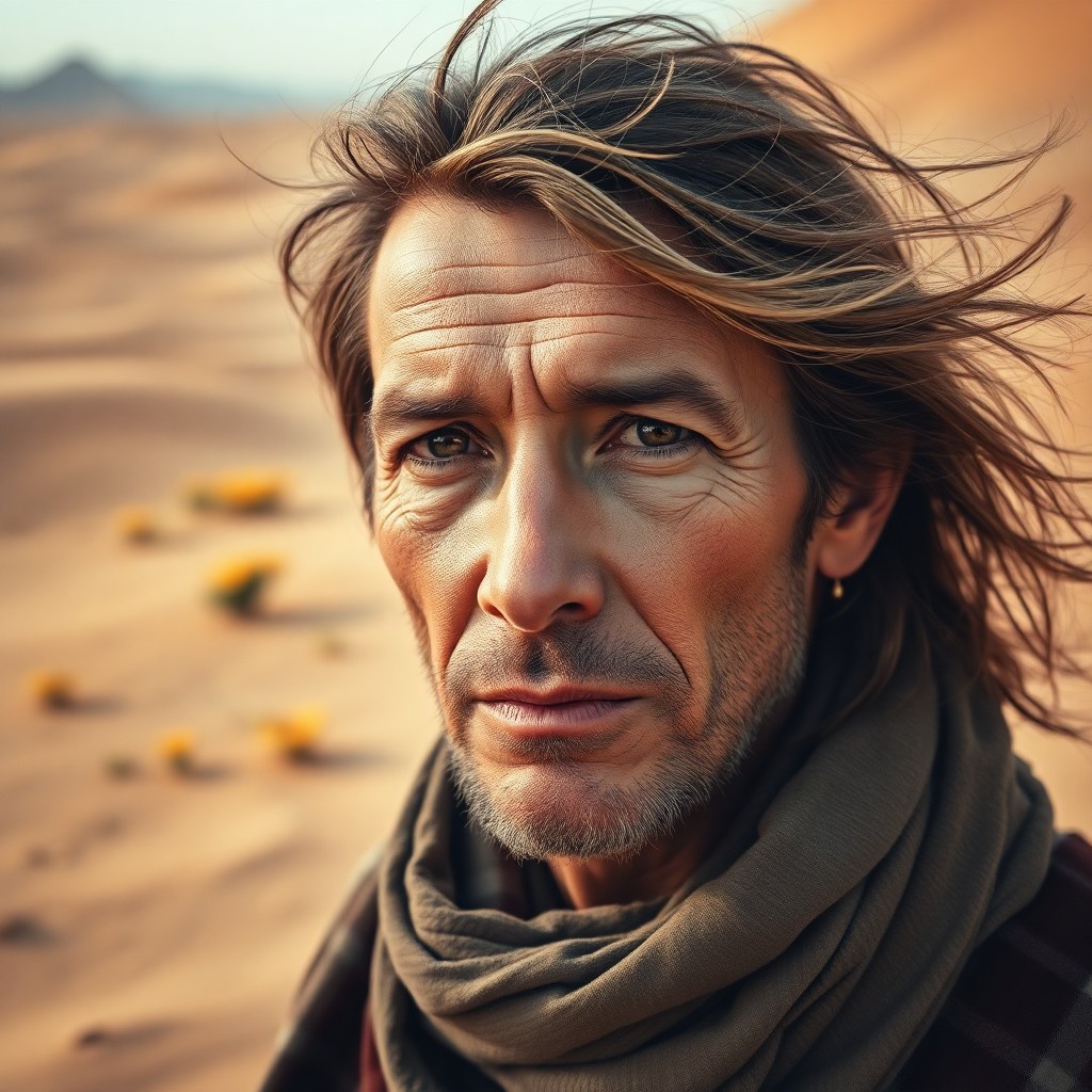 AI generated art for prompt: A mesmerizing double exposure portrait captures a nomadic wanderer with a weathered face, their feat