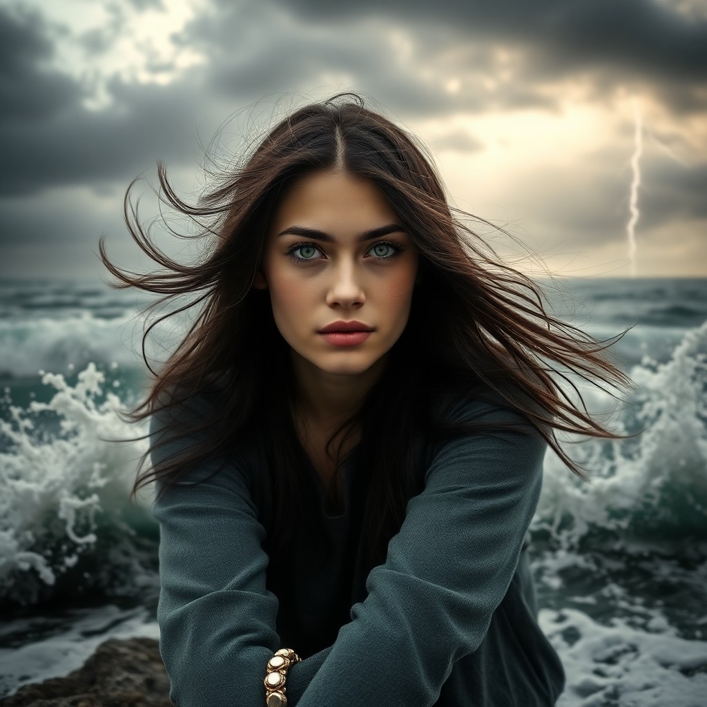 AI generated art for prompt: A young woman with piercing green eyes and raven hair sits pensively against a stormy sea backdrop, 