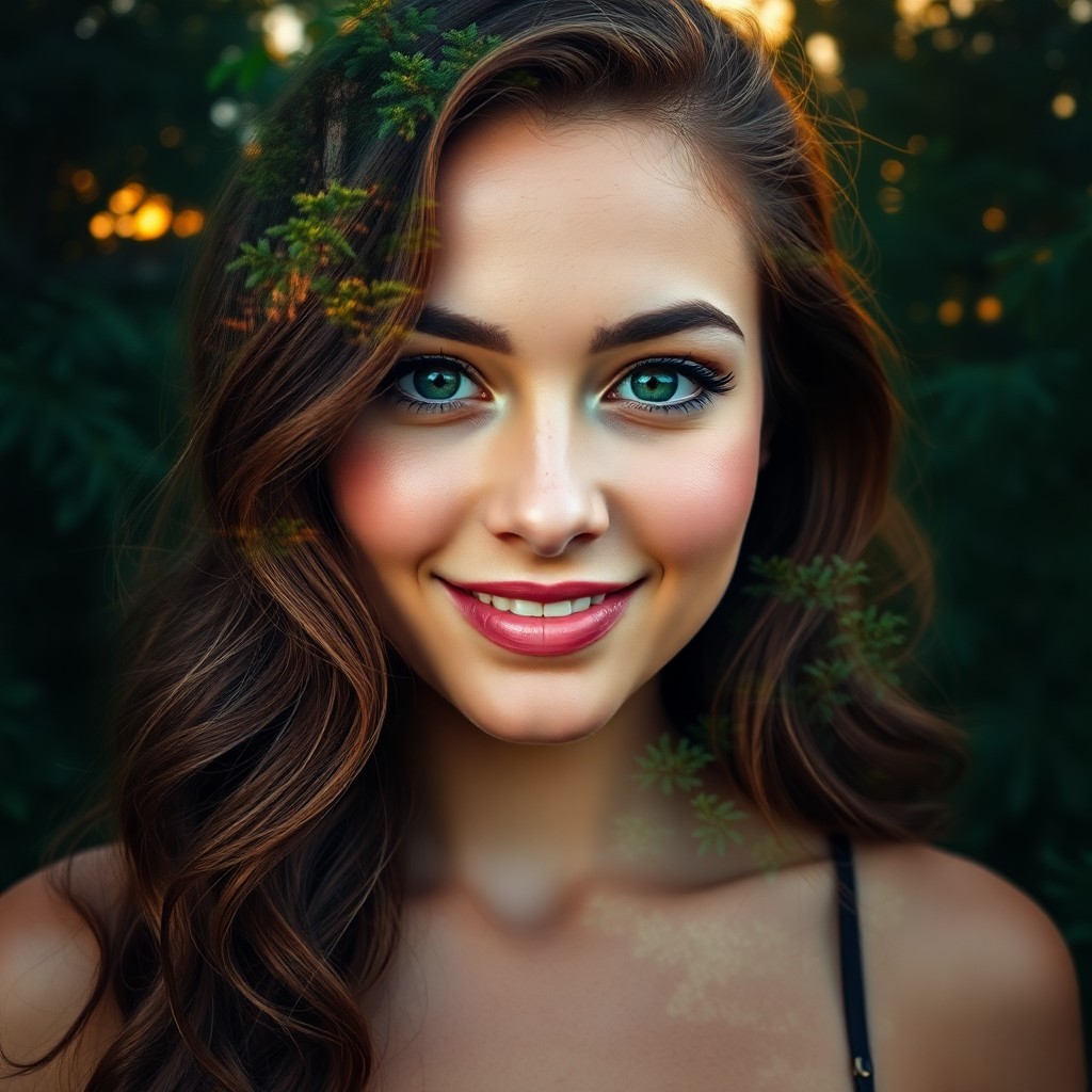 AI generated art for prompt: A captivating double exposure portrait showcases a confident young woman in her mid-20s, exuding war