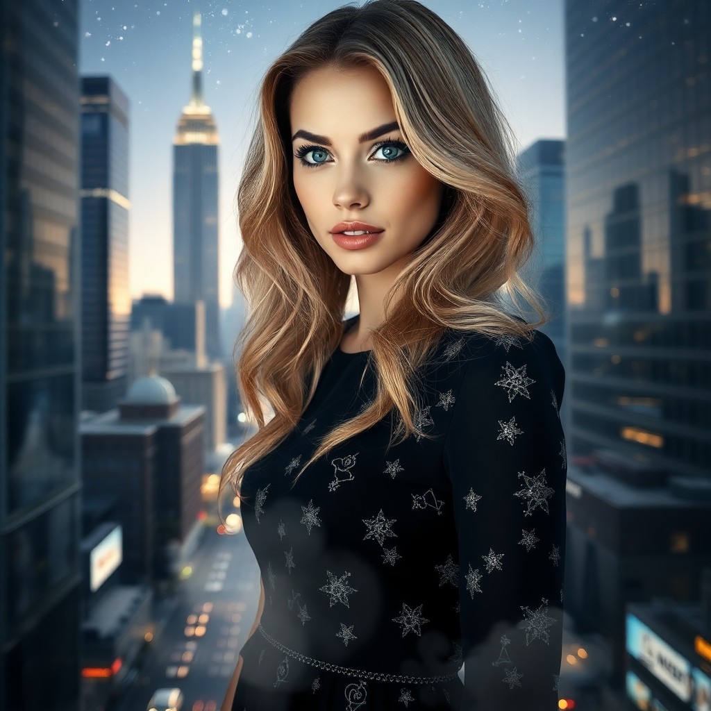 AI generated art for prompt: A poised woman with golden locks cascading over her shoulders stands amidst a bustling cityscape in 