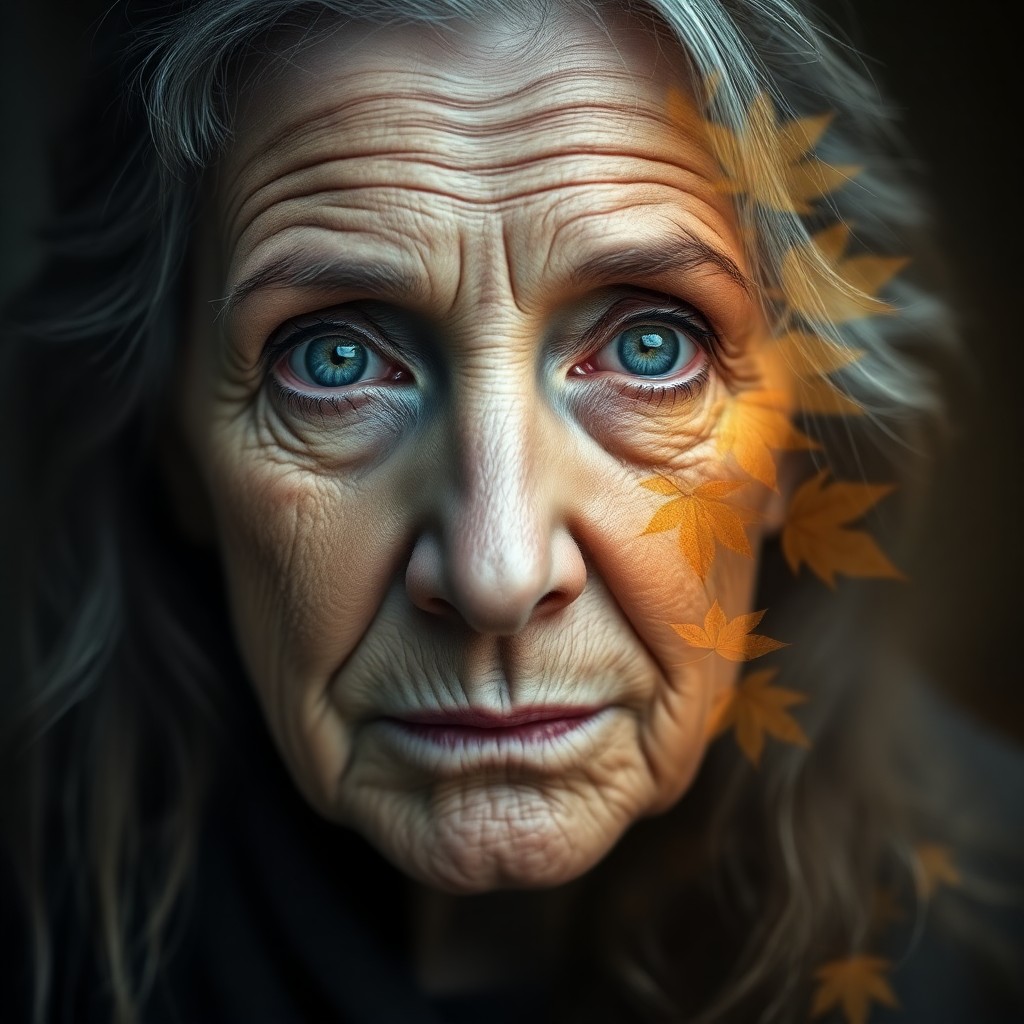 AI generated art for prompt: An elderly woman with weathered skin and piercing blue eyes, exuding wisdom yet tinged with melancho