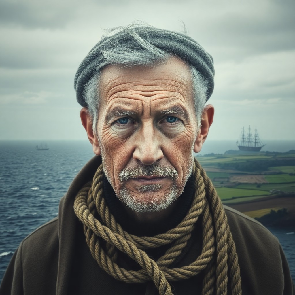 AI generated art for prompt: Craft an evocative double-exposure portrait of a seasoned sailor with a weathered visage, his featur