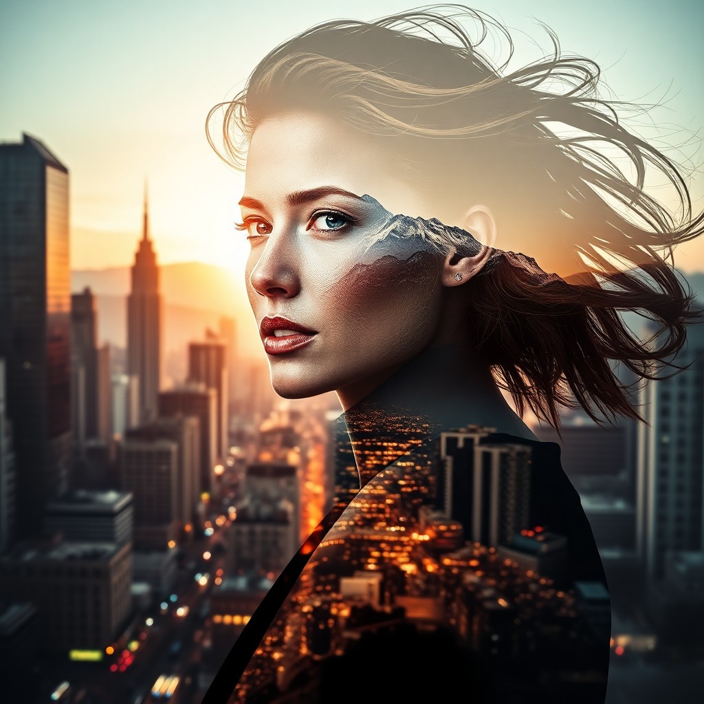 AI generated art for prompt: Craft an evocative double exposure portrait showcasing a resolute woman amidst a bustling cityscape.