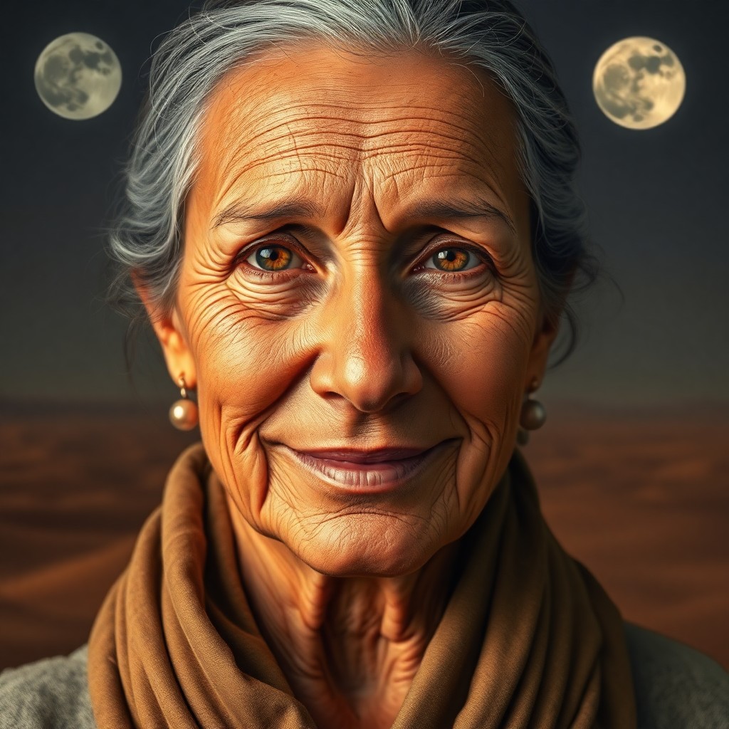 AI generated art for prompt: Craft a photorealistic portrait of a middle-aged woman exuding wisdom and resolve. Her striking ambe