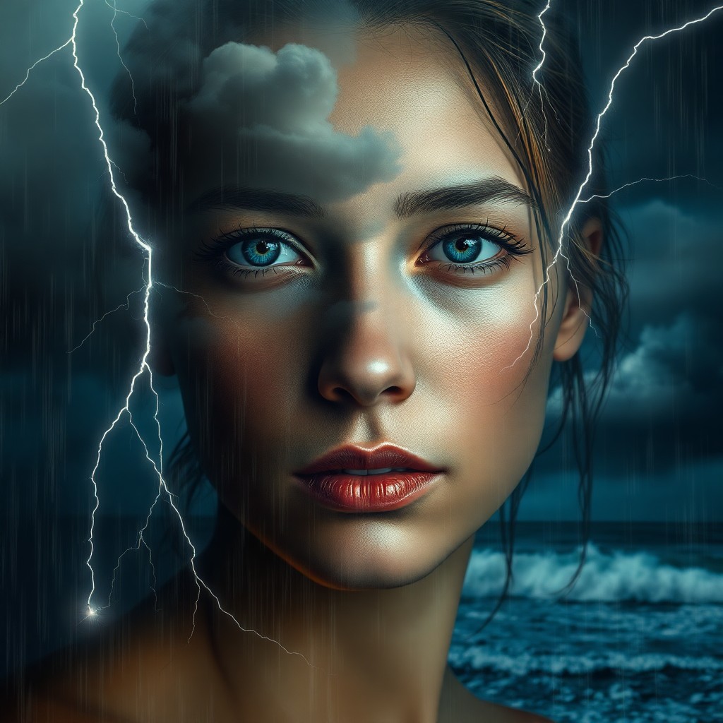 AI generated art for prompt: Craft a photorealistic portrait where a person's face seamlessly merges with the stormy night's atmo