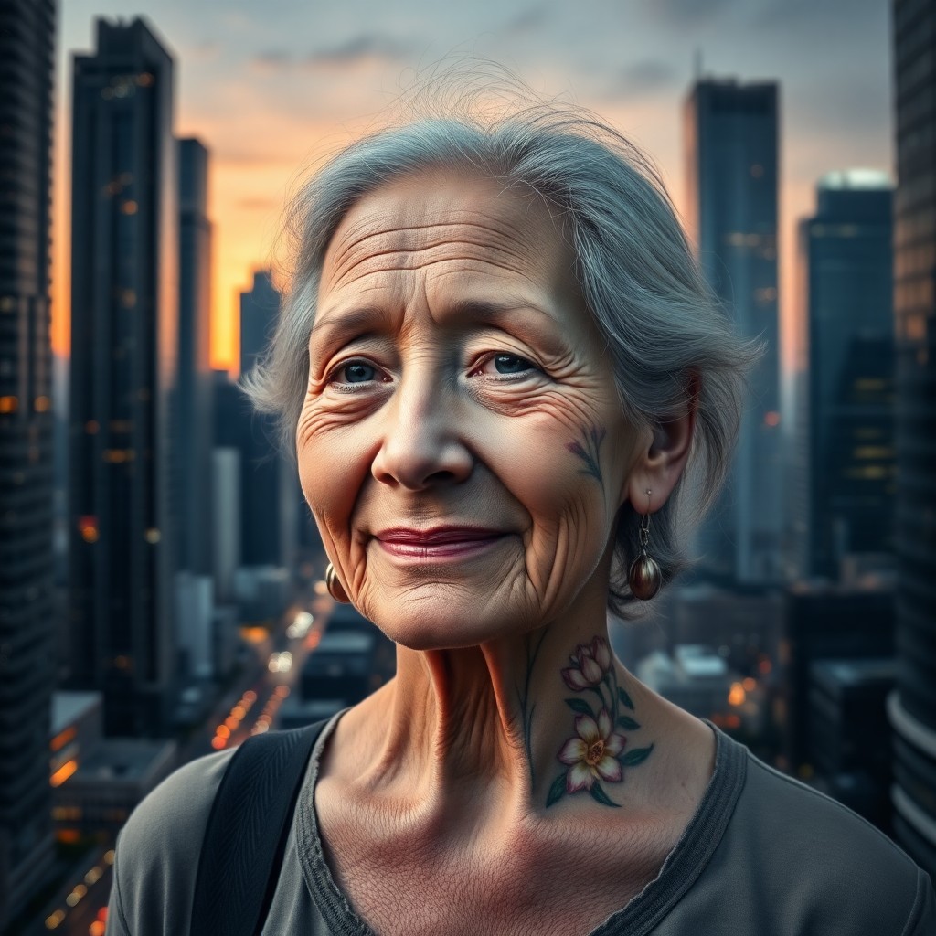 AI generated art for prompt: Depict a tranquil elderly woman with a gentle smile and intricate tattoos resembling delicate water 